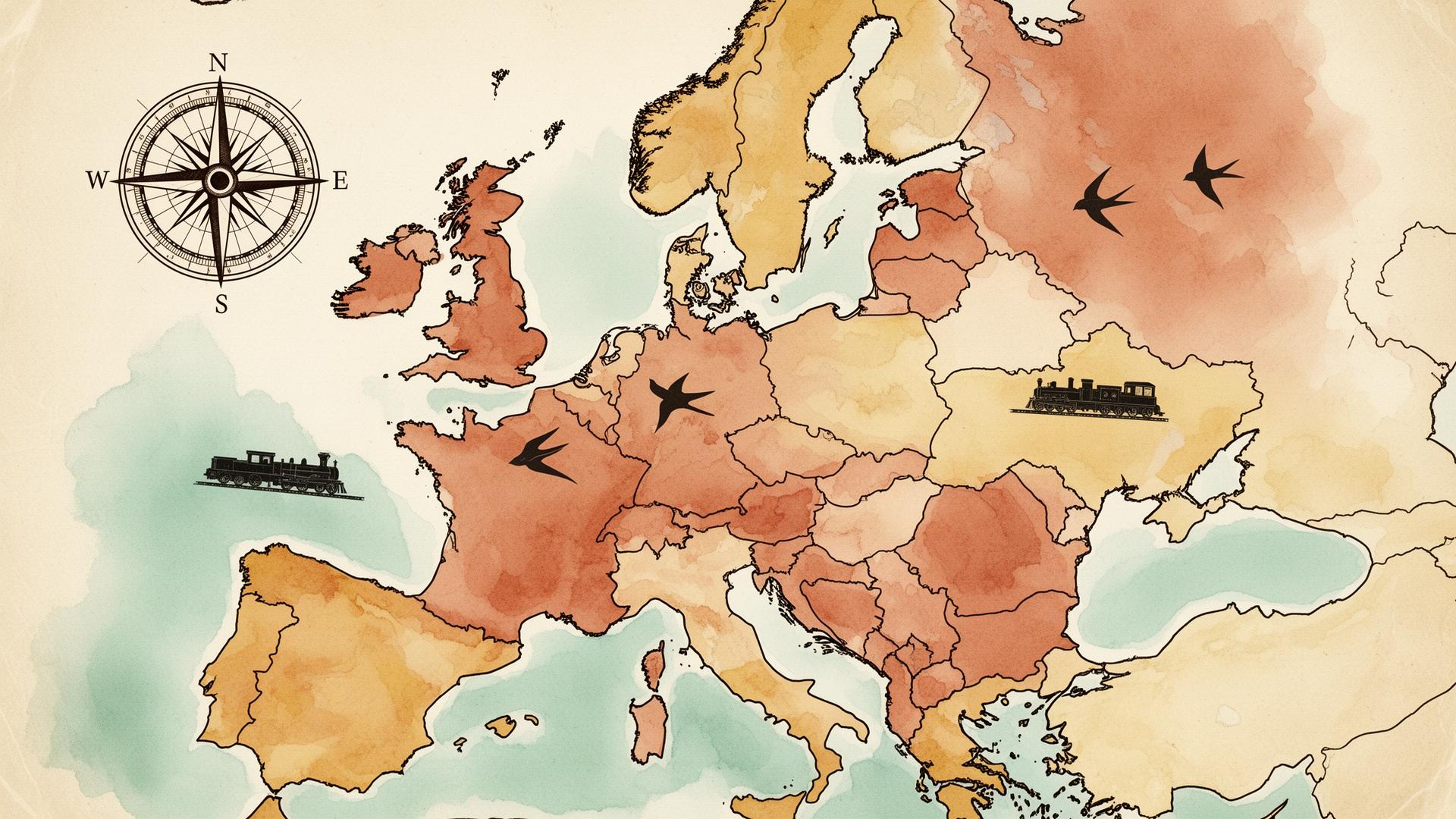 Watercolor map of Europe with trains and swallows